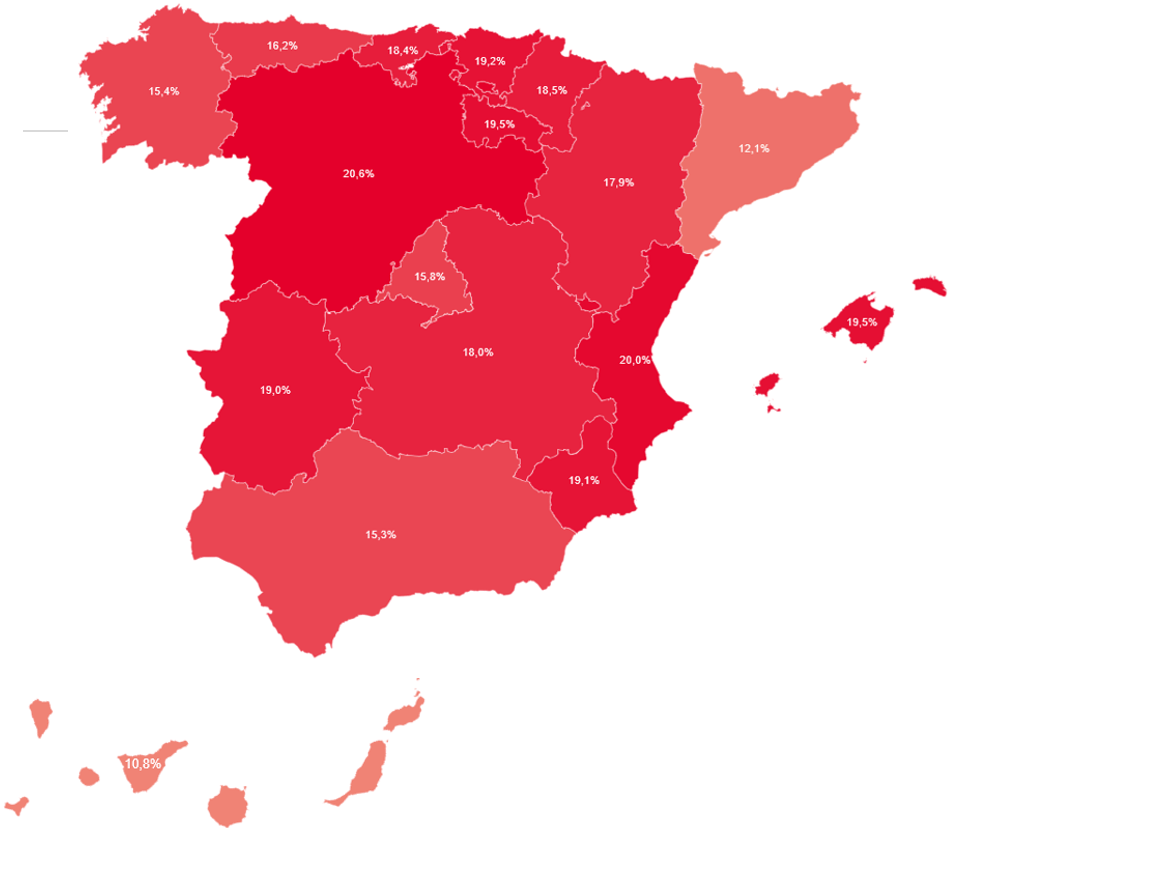 Mapa comparativo de tasas de ahorro por CCAA
